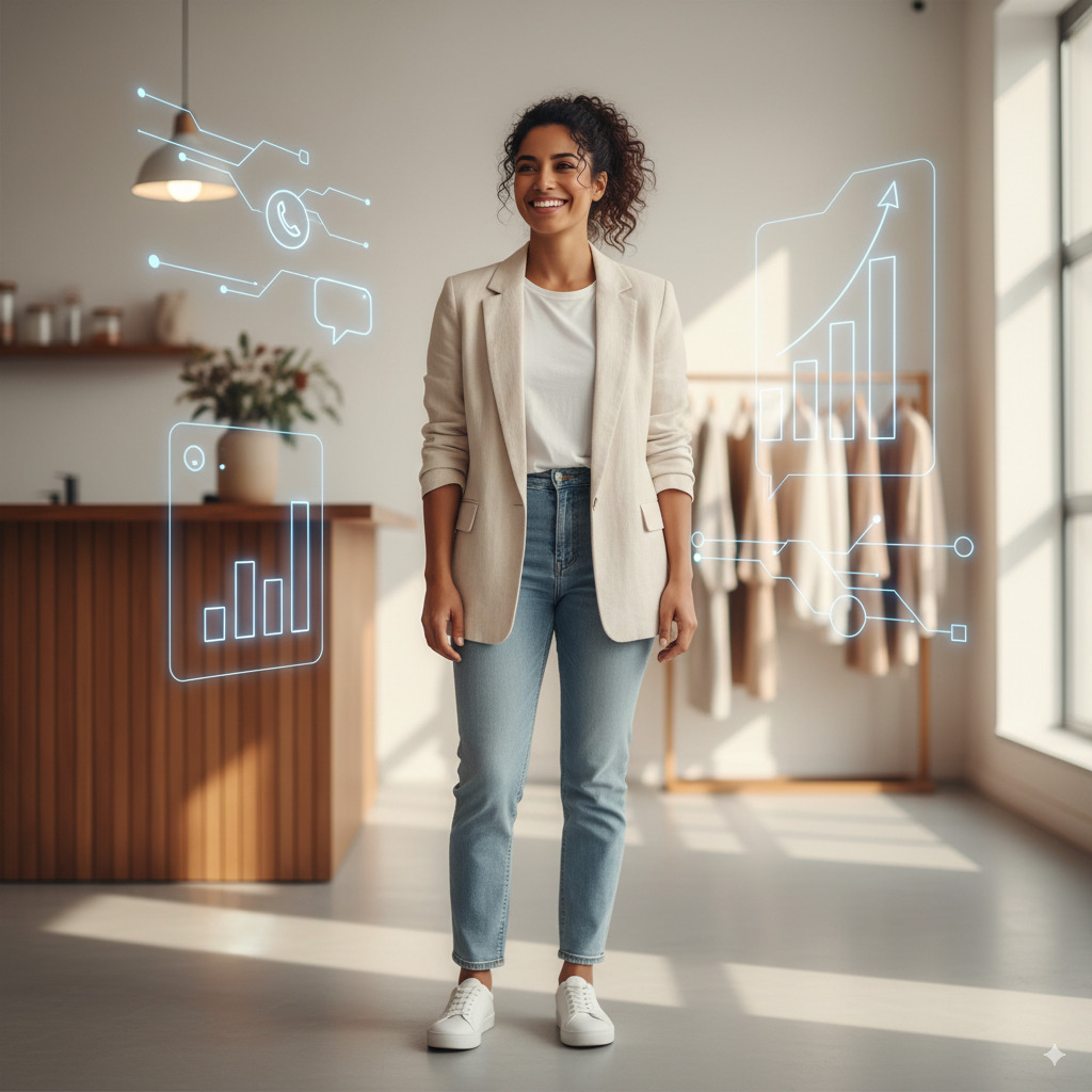 A Latina small business owner stands confidently in her modern, minimalist workspace, surrounded by glowing blue digital interface elements.