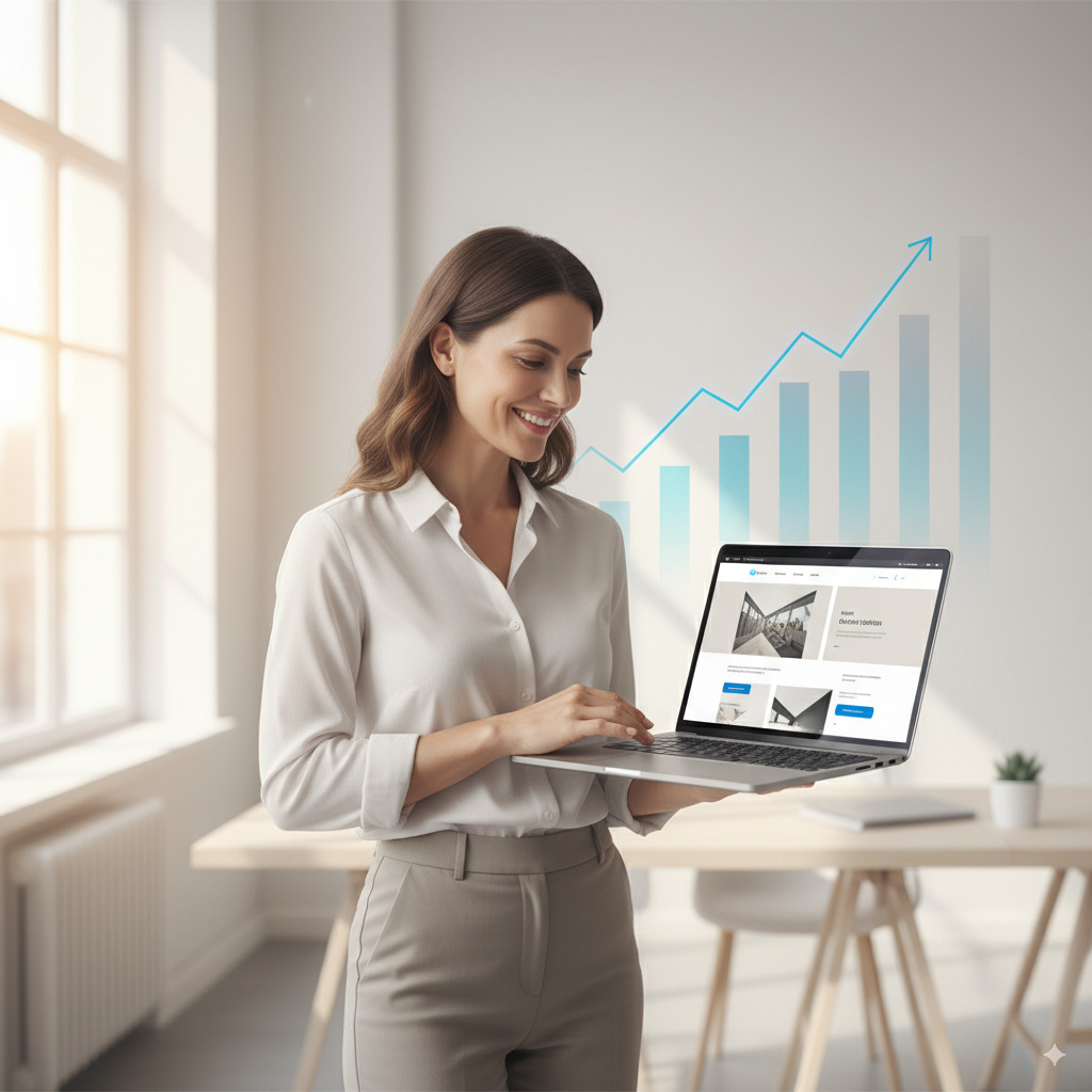 Happy business owner with laptop showing growth charts