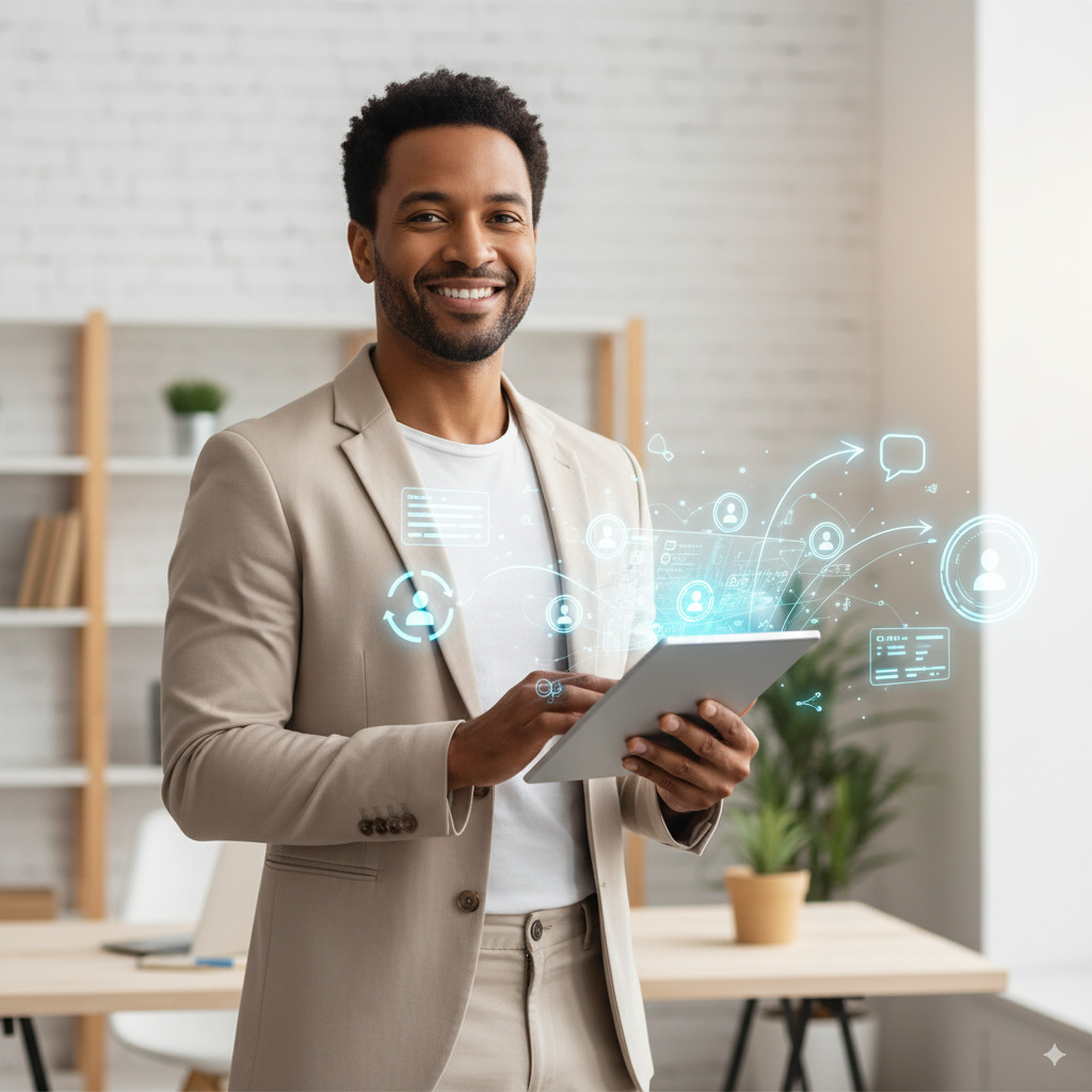 A happy business owner holding a tablet freed from manual tasks